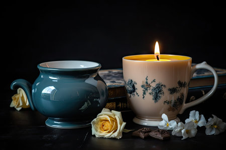 aromatic candle surrounded by tea cups and teapot, created with generative aiの素材