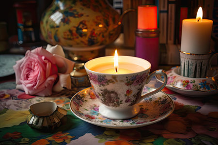 aromatic candle surrounded by tea cups and teapot, created with generative aiの素材