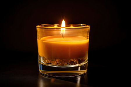 aromatic candle with a warm, golden glow in a dark room, created with generative aiの素材