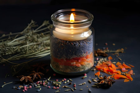 aromatic candle in a glass jar surrounded by dry herbs and spices, created with generative aiの素材