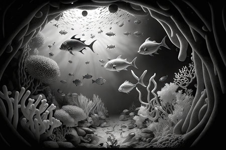 fantasy underwater world with inhabitants of ocean in black and white color composition, created with generative aiの素材