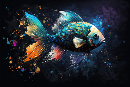 abstract aquarium fish in space with beautiful decoration of small multi-colored fish, created with generative aiの素材