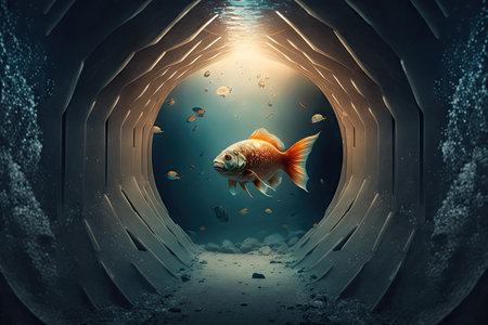narrow tunnel with glowing walls and fish in space, created with generative aiの素材