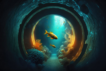 narrow tunnel with glowing walls and fish in space, created with generative aiの素材
