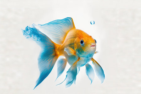 lonely gold fish in blue water isolated on white background aquarium fish in space, created with generative aiの素材
