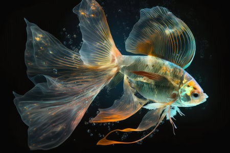 abstract transparent fish with fins and tail floating in space underwater aquarium fish, created with generative aiの素材