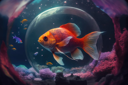 red yellow orange purple fish in space aquarium, created with generative aiの素材
