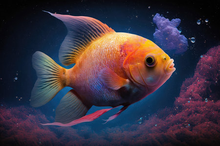 red yellow orange purple fish in space aquarium, created with generative aiの素材