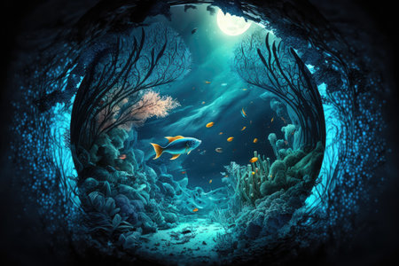 abstract aquascape of underwater world with fish, pond and forest in space, created with generative aiの素材