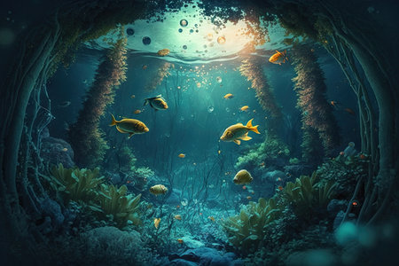 abstract aquascape of underwater world with fish, pond and forest in space, created with generative aiの素材