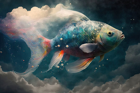 flying fish ascending in water clouds aquarium fish in space, created with generative aiの素材