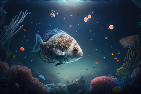 beautiful life underwater by moonlight in ocean with aquarium fish in space, created with generative aiの素材