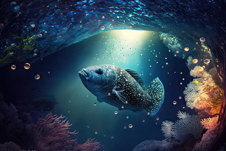 unique image of alien underwater universe with marine life aquarium fish in space, created with generative aiの素材