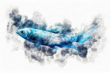 flying fish in blue clouds isolated on white background aquarium fish in space, created with generative aiの素材
