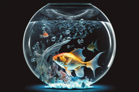 goldfish in bowl on table, futuristic space theme aquarium fish in space, created with generative aiの素材
