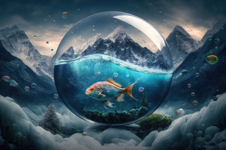 sea aquarium fish in space and aerosphere among mountains of ocean, created with generative aiの素材