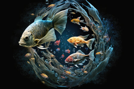 allegorical picture of aquarium fish in space on dark background, created with generative aiの素材