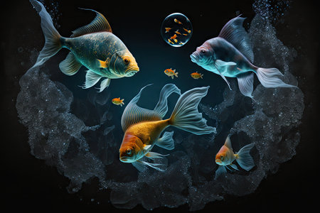 allegorical picture of aquarium fish in space on dark background, created with generative aiの素材
