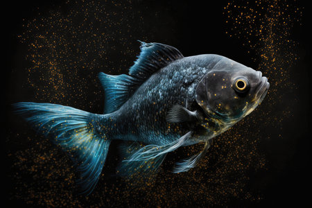 restless black fish swimming in water in aquarium fish in space, created with generative aiの素材