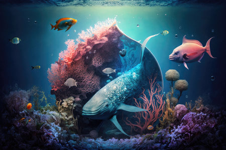 mysterious underwater sea creatures among corals and space aquarium fish in space, created with generative aiの素材