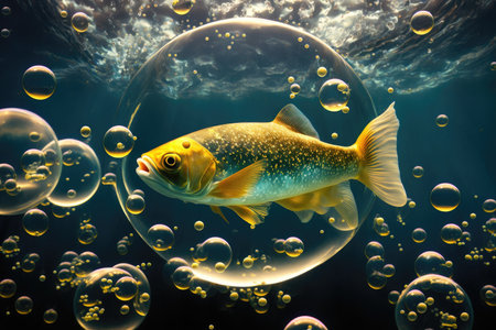 gold sea sardine in space bubbling bubbles with oxygen aquarium fish in space, created with generative aiの素材