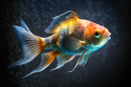 bright beautiful fish in aquarium at bottom and above water of aquarium fish in space, created with generative aiの素材