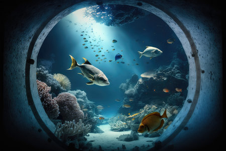 planet of aquarium fish in space with beautiful underwater landscape, created with generative aiの素材