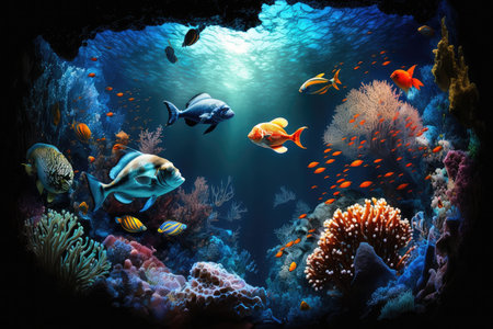 beautiful colored underwater landscape with ocean fish aquarium fish in space, created with generative aiの素材