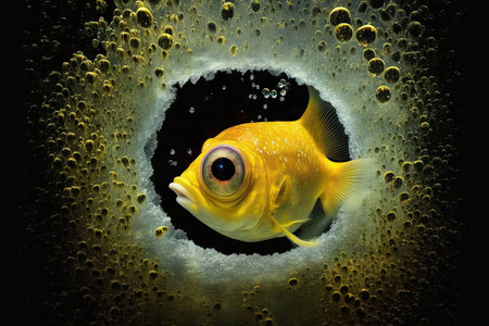 yellow small fish with large eyes in outer space aquarium fish in space, created with generative aiの素材