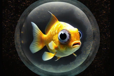 yellow small fish with large eyes in outer space aquarium fish in space, created with generative aiの素材