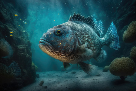 scaly underwater fish in habitable conditions of medium atmospheric pressure and temperature for study of planet flora and fauna, created with generative aiの素材