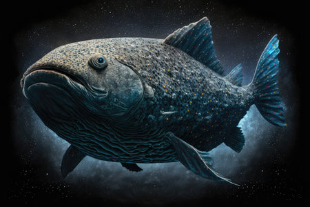 large marine monster fish in space, bottom view, created with generative aiの素材