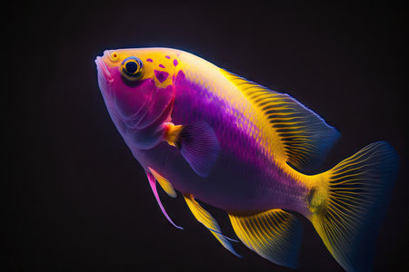 bright pink yellow fish isolated in dark blue water on dark background aquarium fish in space, created with generative aiの素材
