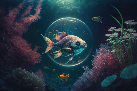 stranger day in cosmic world with fish and plants of future, created with generative aiの素材
