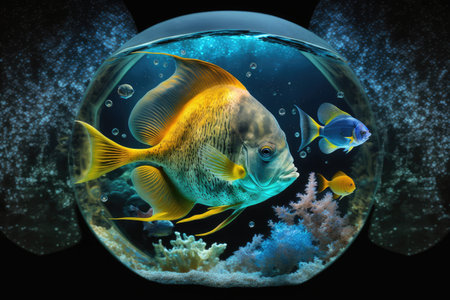 exotic underwater marine fish in aquarium fish in space with continents, created with generative aiの素材