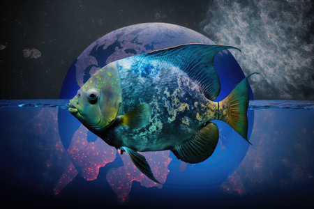 exotic underwater marine fish in aquarium fish in space with continents, created with generative aiの素材
