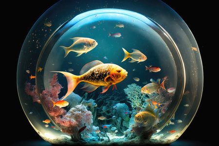 aquarium with fish in space against background of stars and planets, created with generative aiの素材