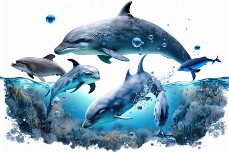 dolphins and other sea fish in water isolated on white background. aquarium fish in space, created with generative aiの素材