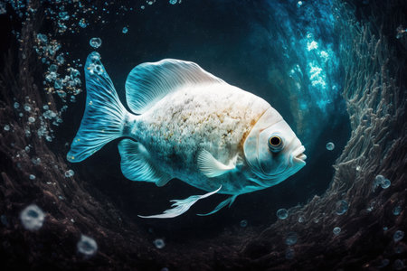 white blue aquarium fish in space swimming underwater, created with generative aiの素材