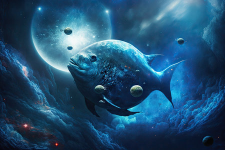 blue planet with fish in space among nebulae and stars, created with generative aiの素材