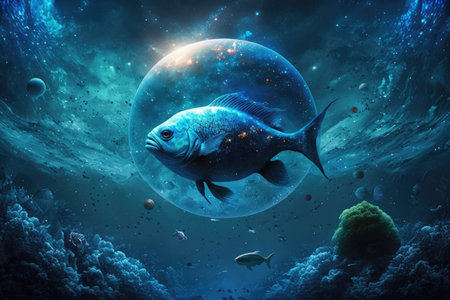 blue planet with fish in space among nebulae and stars, created with generative aiの素材