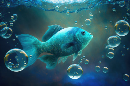 aqua blue fish in space with bubbles floating through water, created with generative aiの素材