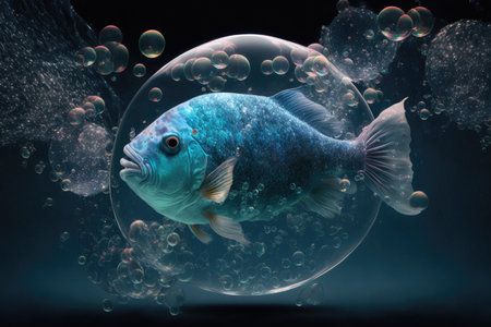 aqua blue fish in space with bubbles floating through water, created with generative aiの素材