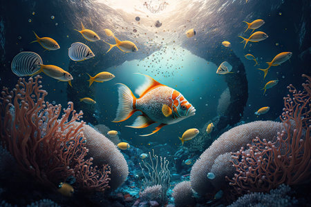 aquarium fish in space floating in water among coral reefs, created with generative aiの素材