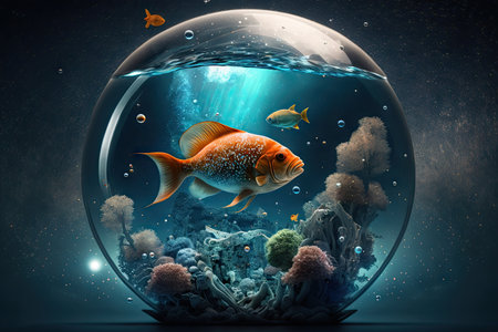 aquarium with exotic fish in space against backdrop of planet and stars, created with generative aiの素材