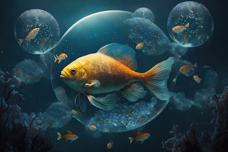 fish swimming in water among bubbles and stars under aquarium fish in space, created with generative aiの素材