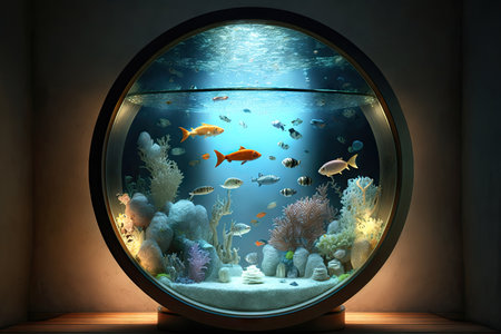 large round aquarium with empty space and illuminated bottom, created with generative aiの素材