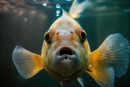 fish in aquarium opened its mouth and stares at camera, created with generative aiの素材