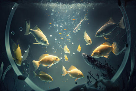 horizontal image of aquarium fish in space flooded with light and shadows, created with generative aiの素材