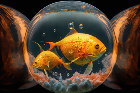 fish in transparent orange torpedoes lives in water at bottom of ocean aquarium fish in space, created with generative aiの素材